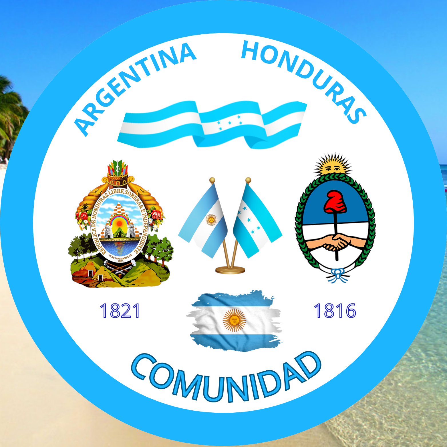 Logo circular representando la fusión cultural entre Argentina y Honduras con los colores de ambas banderas